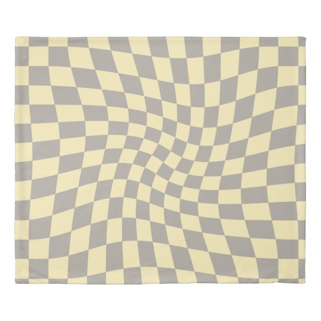 Retro Grey Yellow Y2k Warped Checkered Duvet Cover (Front)