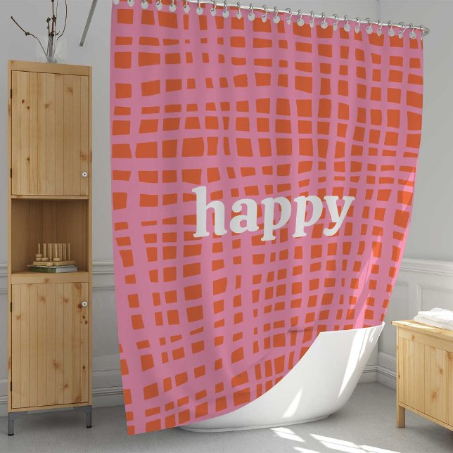 Retro Grid Abstract Pattern Happy Shower Curtain (Creator Uploaded)
