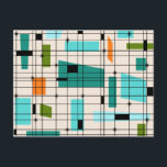 Retro Grid and Starbursts Post Card<br><div class="desc">This Retro Grid and Starbursts Postcard is where vintage style meets modern day. It features a cream colored background with kitschy, off kilter squares and rectangles in teal, turquoise, This light blue, orange, and avocado green. The whimsical blocks of color are overlayed with black vertical and horizontal lines forming a...</div>