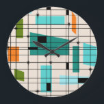 Retro Grid & Starbursts Acrylic Wall Clock<br><div class="desc">This Retro Grid and Starbursts Acrylic Wall Clock is where vintage style meets modern day. It features a cream colored background with kitschy, off kilter squares and rectangles in teal, turquoise, This light blue, orange, and avocado green. The whimsical blocks of color are overlayed are worked into some of the...</div>