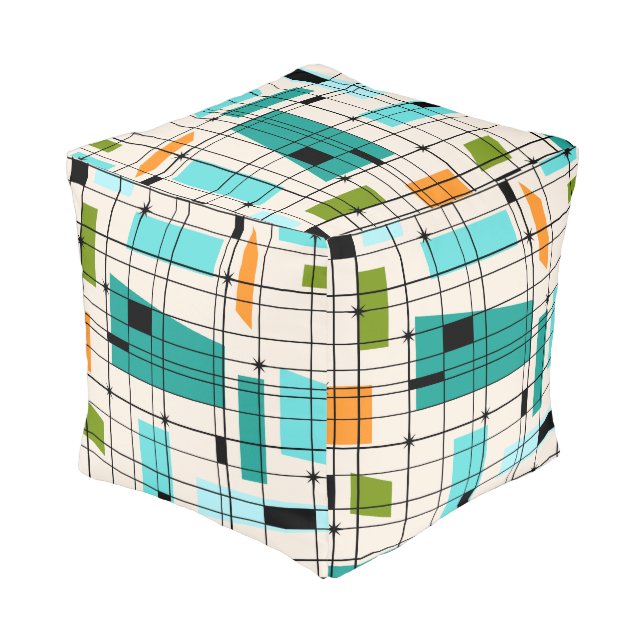 Retro Grid & Starbursts Cube Pouf (Angled Back)