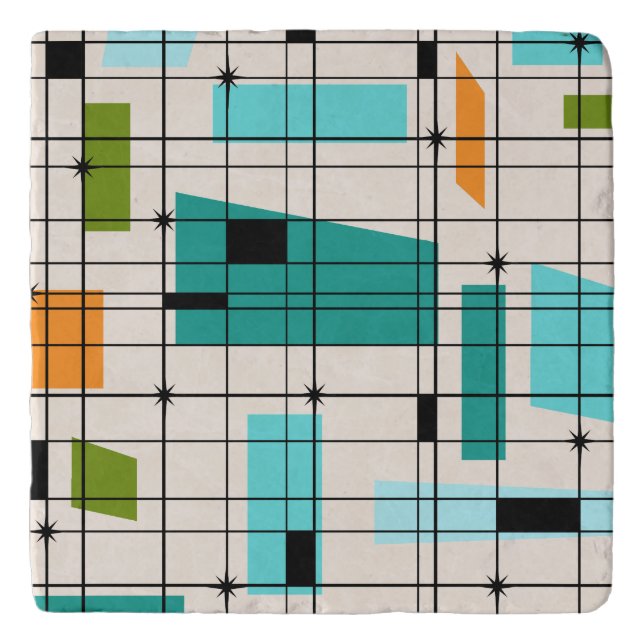 Retro Grid & Starbursts Marble Trivet (Front)
