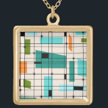 Retro Grid & Starbursts Necklace<br><div class="desc">This Retro Grid and Starbursts Necklace is where vintage style meets modern day. It features a cream colored background with kitschy, off kilter squares and rectangles in teal, turquoise, This light blue, orange, and avocado green. The whimsical blocks of color are overlayed are worked into some of the grid intersections....</div>