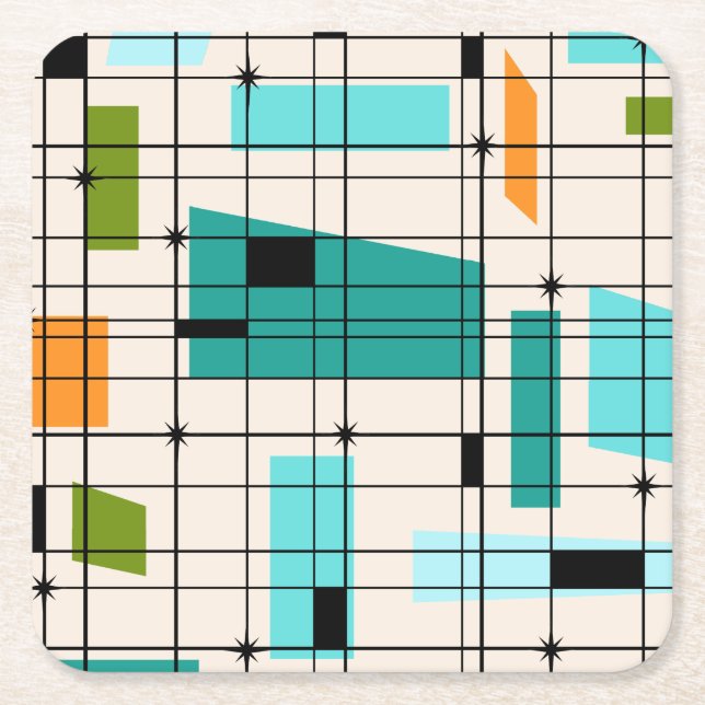 Retro Grid & Starbursts Paper Coasters (Front)