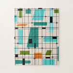 Retro Grid & Starbursts Puzzle<br><div class="desc">This Retro Grid and Starbursts Puzzle is where vintage style meets modern day. It features a cream colored background with kitschy, off kilter squares and rectangles in teal, turquoise, This light blue, orange, and avocado green. The whimsical blocks of color are overlayed are worked into some of the grid intersections....</div>
