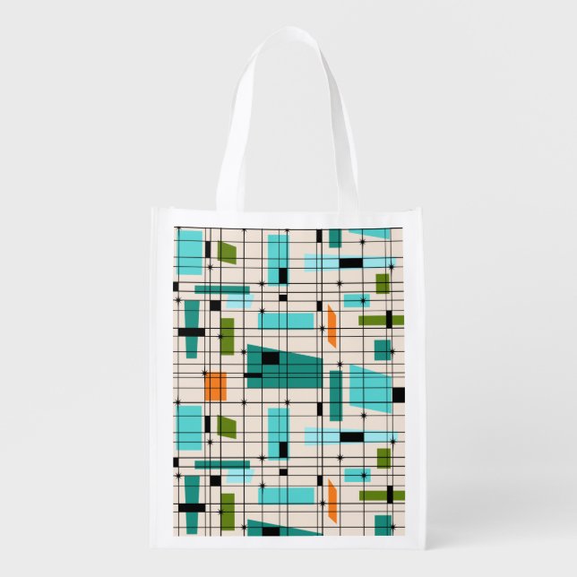 Retro Grid & Starbursts Reusable Grocery Bag (Front)