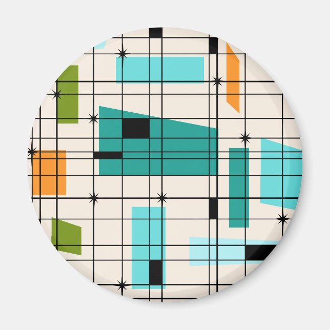 Retro Grid & Starbursts Round Magnet (Front)