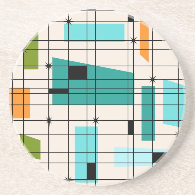 Retro Grid & Starbursts Sandstone Coaster (Front)