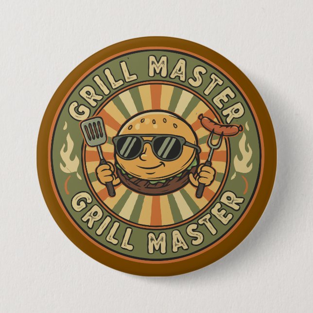 Retro Grill Master Burger Character BBQ King Vinta Button (Front)