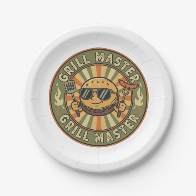 Retro Grill Master Burger Character BBQ King Vinta Paper Plates (Front)