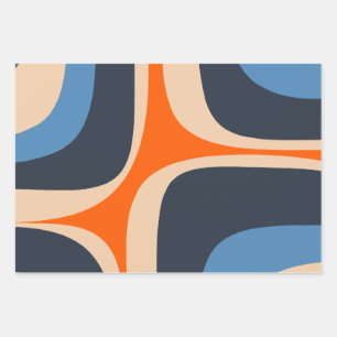 Retro Groove Abstract Pop Pattern Blue and Orange Wrapping Paper Sheets
