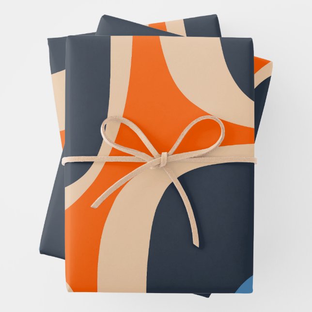 Retro Groove Abstract Pop Pattern Blue and Orange Wrapping Paper Sheets (In situ)