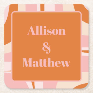 Retro Groove Modern Minimalist Pink and Orange Square Paper Coaster