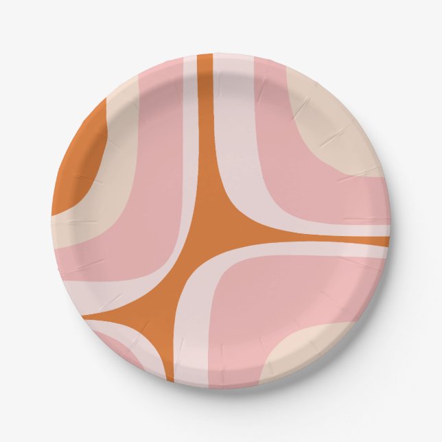 Retro Groove Pink and Orange Abstract Pattern Paper Plates (Front)