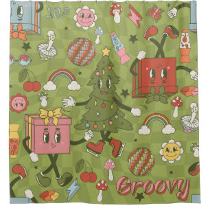 retro groovy 1970 disco christmas tree green check shower curtain