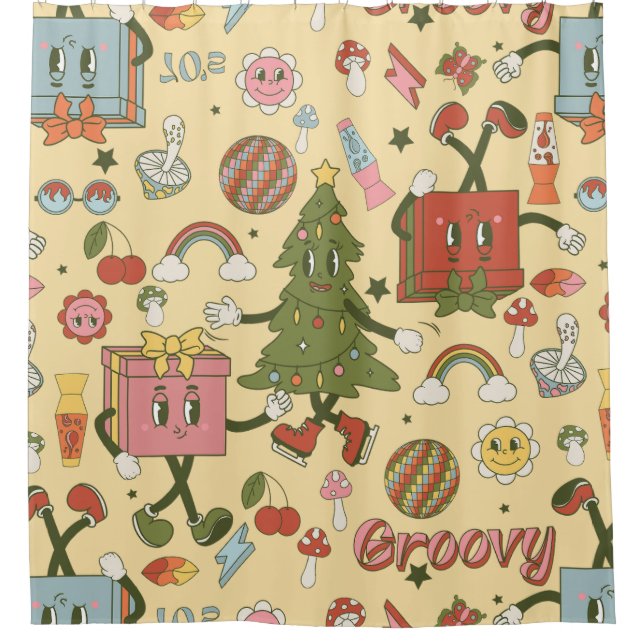 retro groovy 1970s disco christmas tree shower curtain (Front)