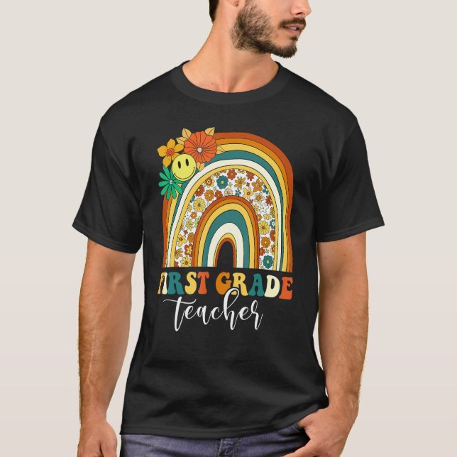 Retro Groovy 1st First Grade Teacher Rainbow Back  T-Shirt (Front)