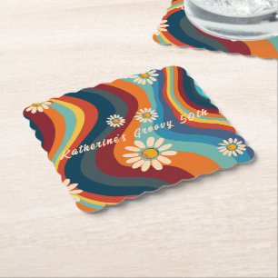 Retro Groovy 50th Birthday Custom Name Paper Coaster