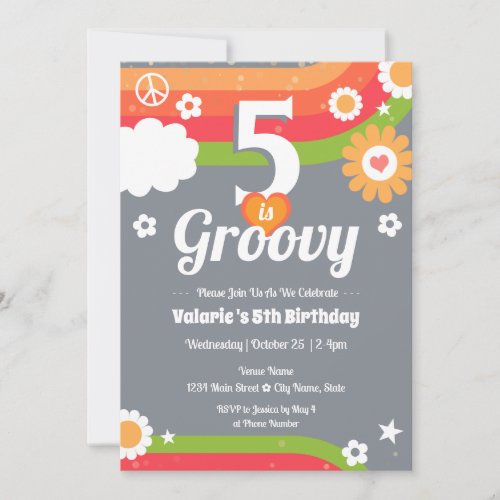 Retro Groovy 5th Birthday Girl  Invitation