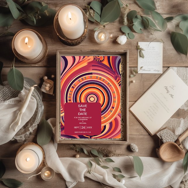 Retro Groovy 70s abstract pattern wedding Save The Date (Creator Uploaded)