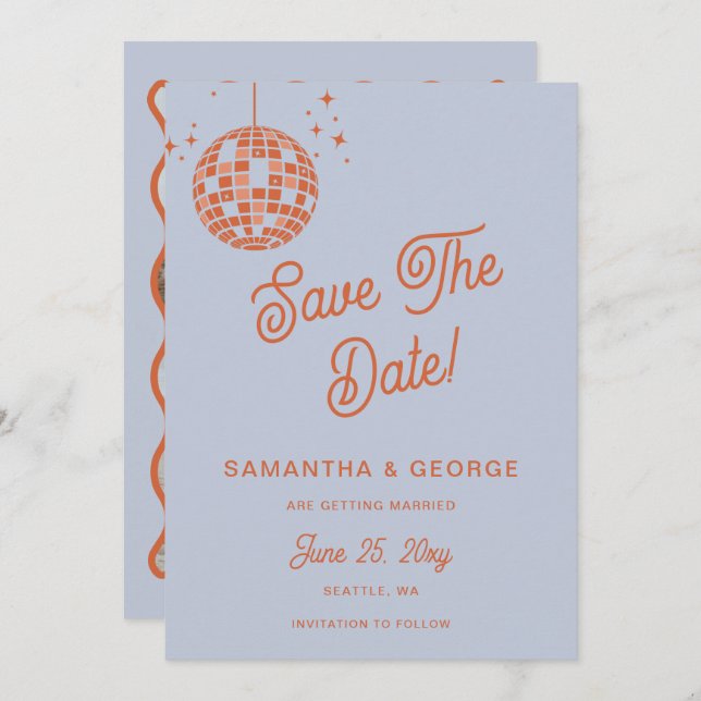 Retro Groovy 70s Blue Ivory Orange Disco Photo Save The Date (Front/Back)