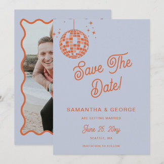 Retro Groovy 70s Blue Ivory Orange Disco Photo Save The Date