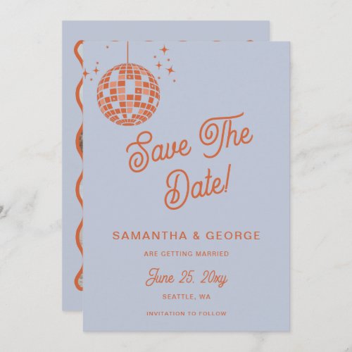 Retro Groovy 70s Blue Ivory Orange Disco Photo Save The Date