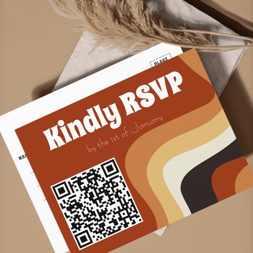 Retro Groovy 70s Bohemian Wedding QR Code RSVP Postcard