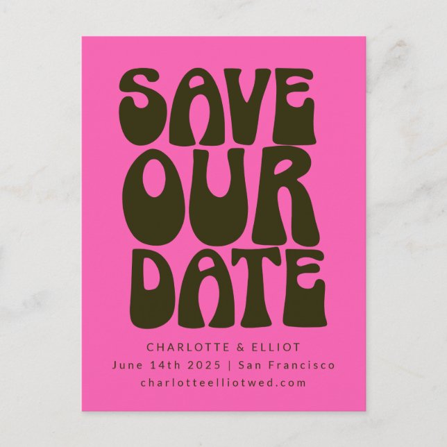 Retro Groovy 70s Bold Hot Pink Green Save The Date Postcard (Front)