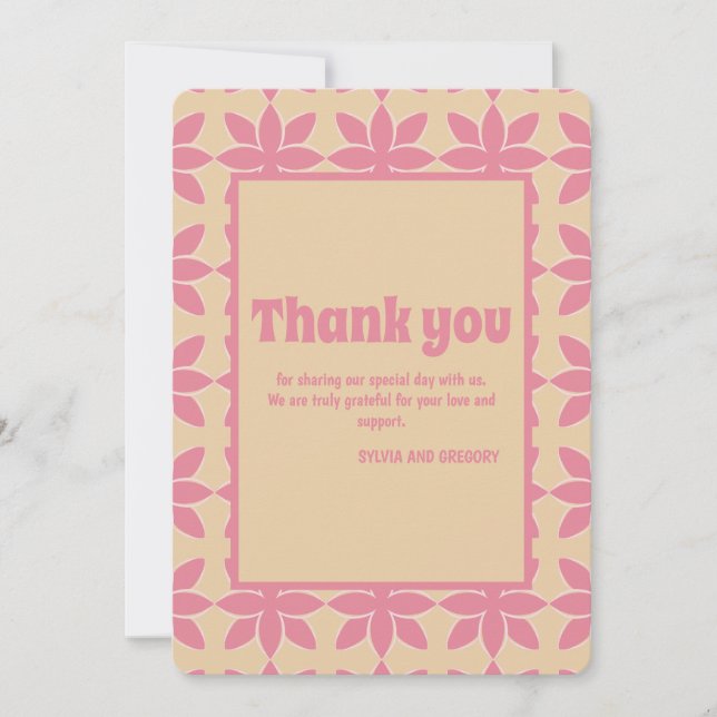 Retro groovy 70's bold typography peach & pink  thank you card (Front)