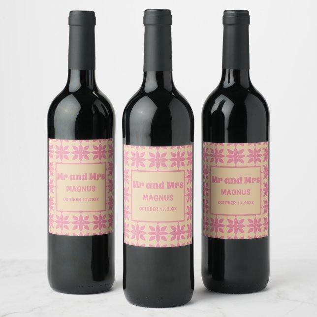 Retro groovy 70's bold typography peach & pink  wine label (Bottles)