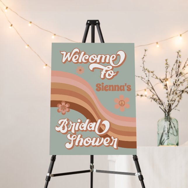Retro Groovy 70s Bridal Shower Sage Welcome Sign (In Situ (Stand))