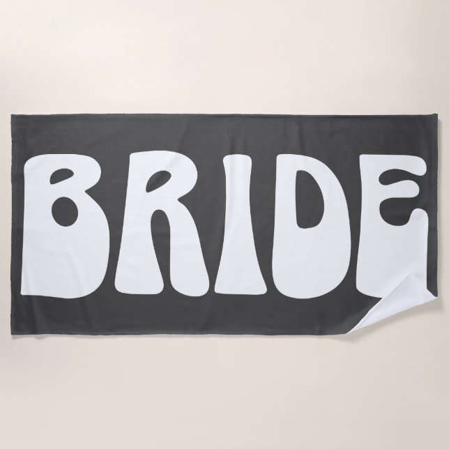 Retro Groovy 70s Bride Wedding Black and White Beach Towel (Front)