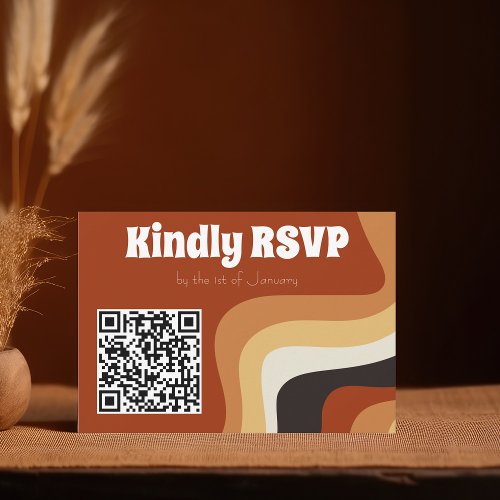 Retro Groovy 70s Burnt Orange Boho Wedding QR Code RSVP Card