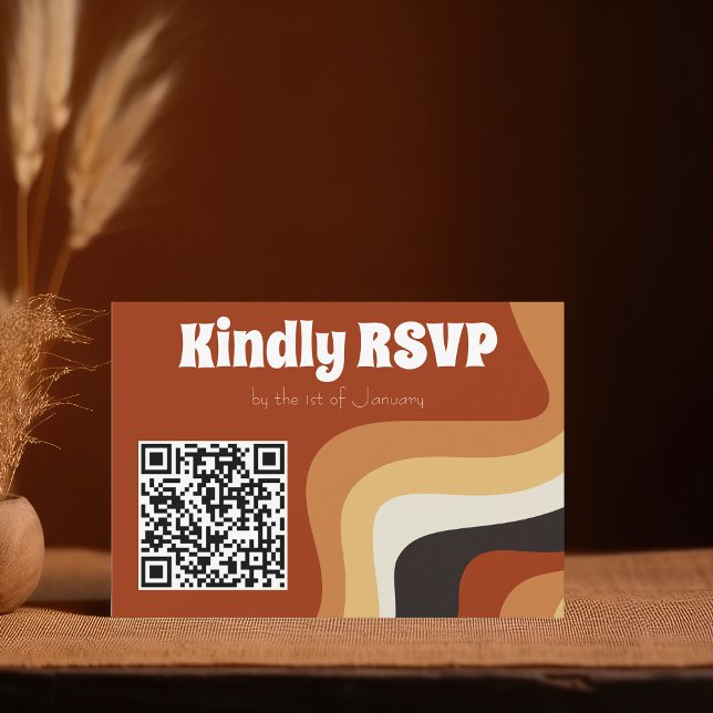 Retro Groovy 70s Burnt Orange Boho Wedding QR Code RSVP Card (Creator Uploaded)