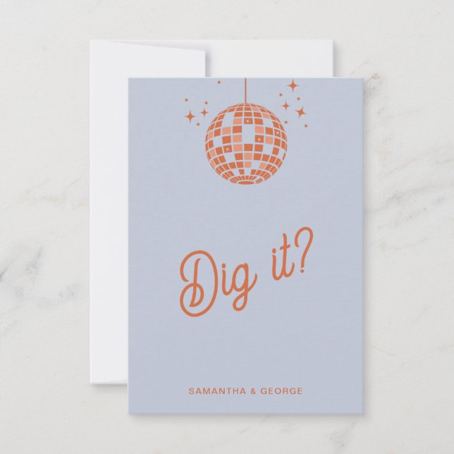 Retro Groovy 70s Cute Blue Orange Disco Wedding RSVP Card (Front)
