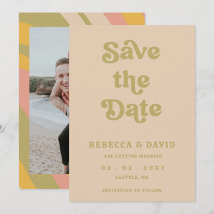 Retro Groovy 70s Cute Green Photo Wedding Save The Date