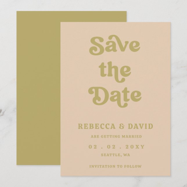 Retro Groovy 70s Cute Green Wedding Save The Date (Front/Back)