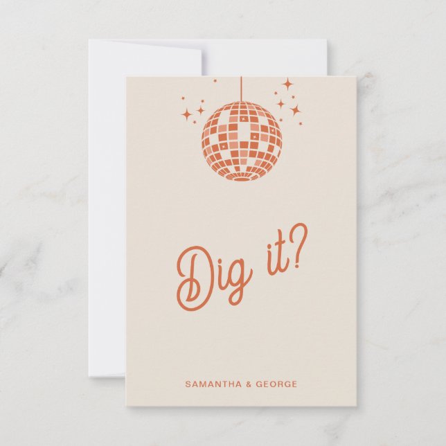 Retro Groovy 70s Cute Ivory Orange Disco Wedding RSVP Card (Front)
