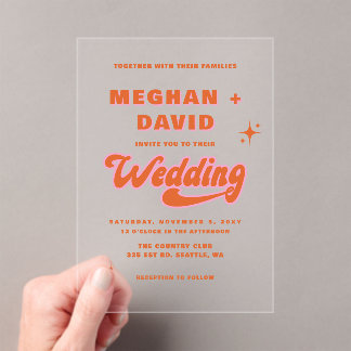Retro Groovy 70s Cute Ivory Orange Pink Wedding Acrylic Invitations
