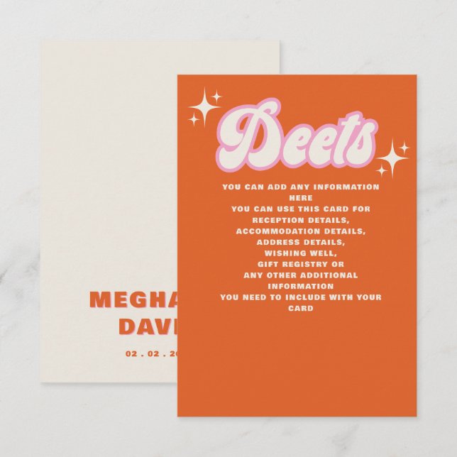  Retro Groovy 70s Cute Ivory Orange Pink Wedding Enclosure Card (Front/Back)