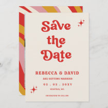 Retro Groovy 70s Cute Ivory Red Photo Wedding Save The Date