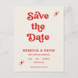 Retro Groovy 70s Cute Ivory Red Pink Save The Date Announcement Postcard