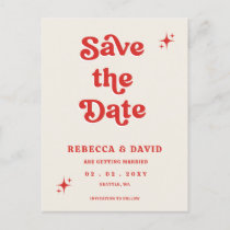 Retro Groovy 70s Cute Ivory Red Pink Save The Date Announcement Postcard
