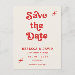 Retro Groovy 70s Cute Ivory Red Pink Save The Date Announcement Postcard