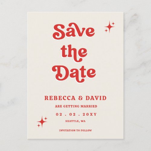 Retro Groovy 70s Cute Ivory Red Pink Save The Date Announcement Postcard