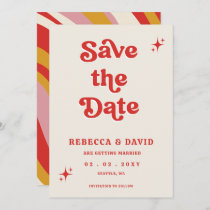 Retro Groovy 70s Cute Ivory Red Pink Wedding Save The Date