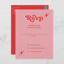 Retro Groovy 70s Cute Pink and Red RSVP Postcard