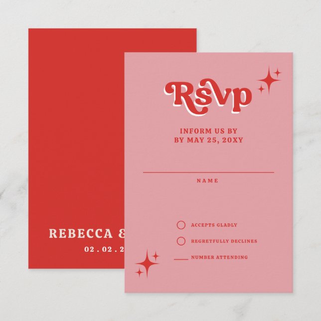 Retro Groovy 70s Cute Pink and Red Wedding RSVP Card (Front/Back)