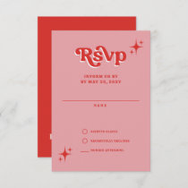 Retro Groovy 70s Cute Pink and Red Wedding RSVP Card
